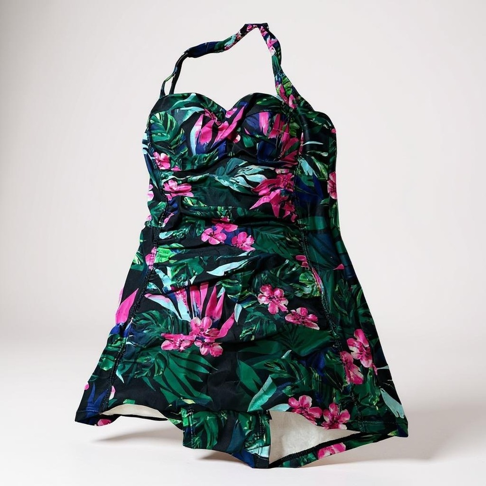 Tropical Floral Halter One-Piece Swimdress With Built-In Cups‎ XL NWOT
